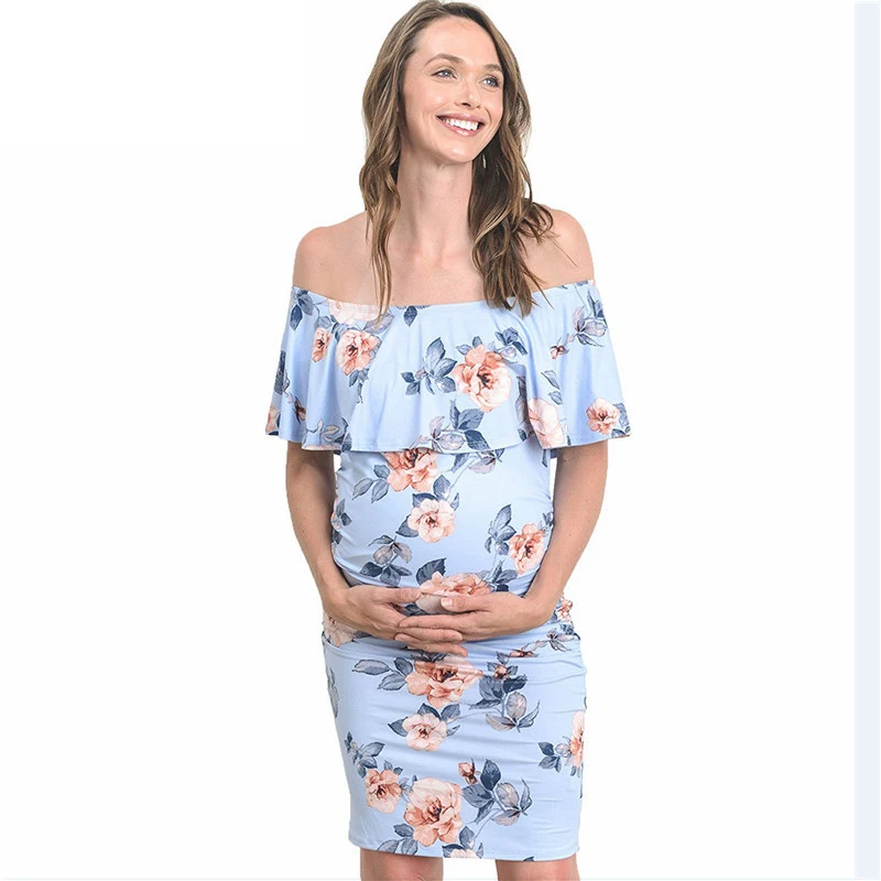 Women Sexy Knee-Lengt Dress 2022 Summer Pregnant Casual Slash Neck Off Shoulder Short Sleeve Ruffles Maternity Plus Size Vestido