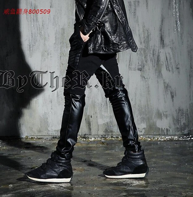 28-42 ! New Men's Brand Fashion Fake Two-piece Leather Culottes Trousers Plus Size Leather Pants Nightclub Stage Costumes