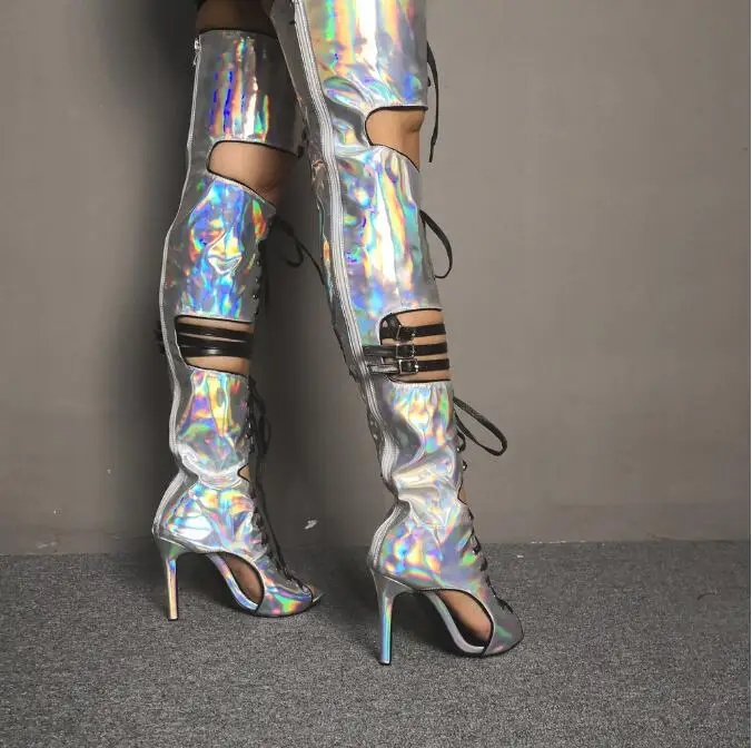 Multicolor Hologram Iridescent Laser Over The Knee Thigh High Boots Peep Toe Cut-out Lace-up Gladiator Belt Runway Booties