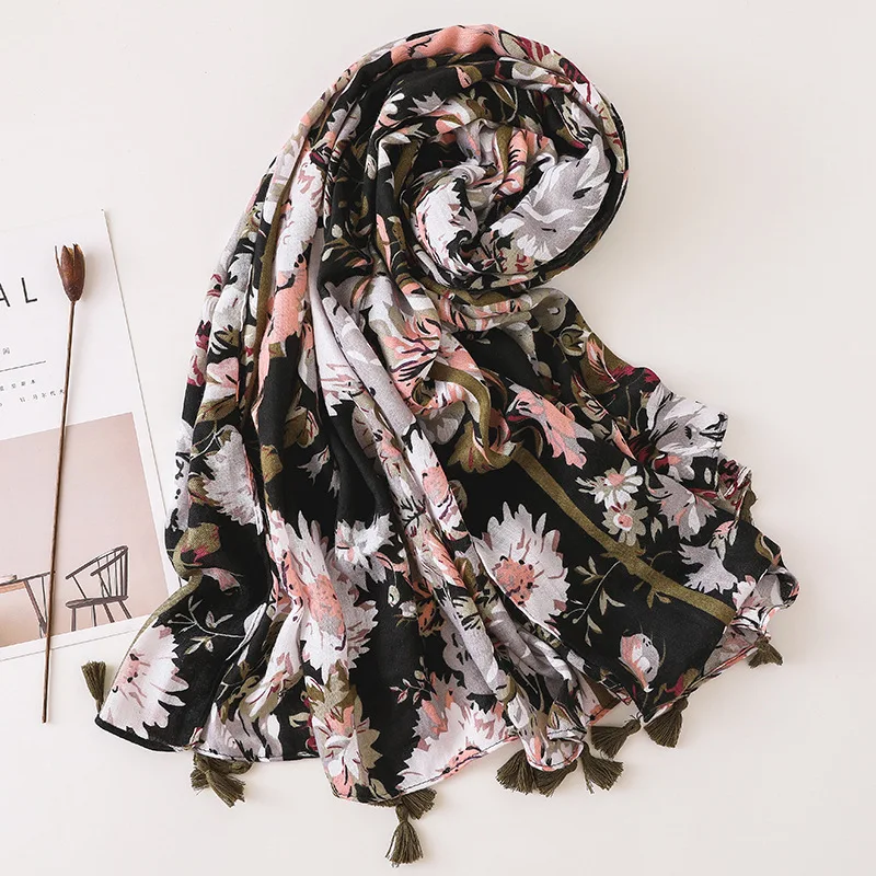 Women Fashion Daisy Floral Cotton Viscose Scarf Lady Tassel Shawls and Wraps Pashmina Bandana Female Muslim Hijab Sjaal 180*90Cm