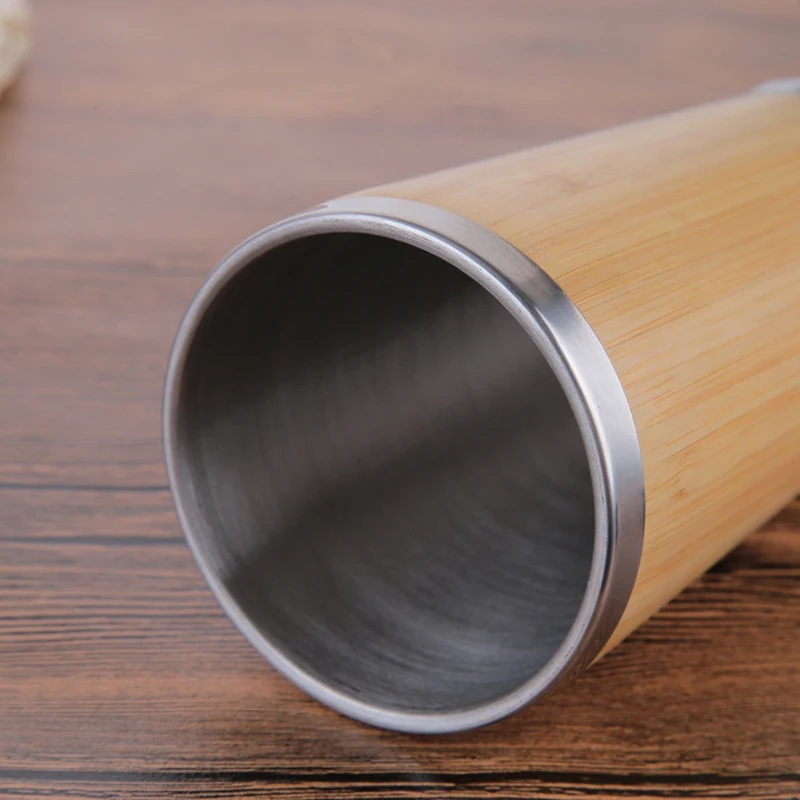 UPORS 450ml Bamboo Coffee Cup Stainless Steel Coffee Mug with Leak Proof Lid Travel Reusable Wooden Mug Insulated Coffee Tumbler