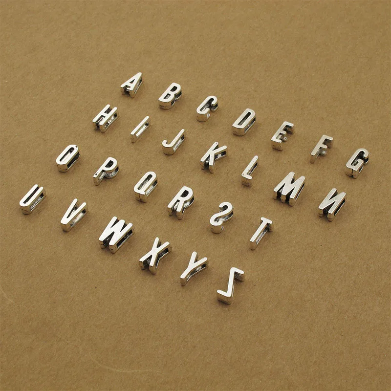 50PCS A-Z Antique Silver Plated Slide Letters Charm DIY Fit 7mm Flat Leather Word Necklace & Bracelets Jewelry Making