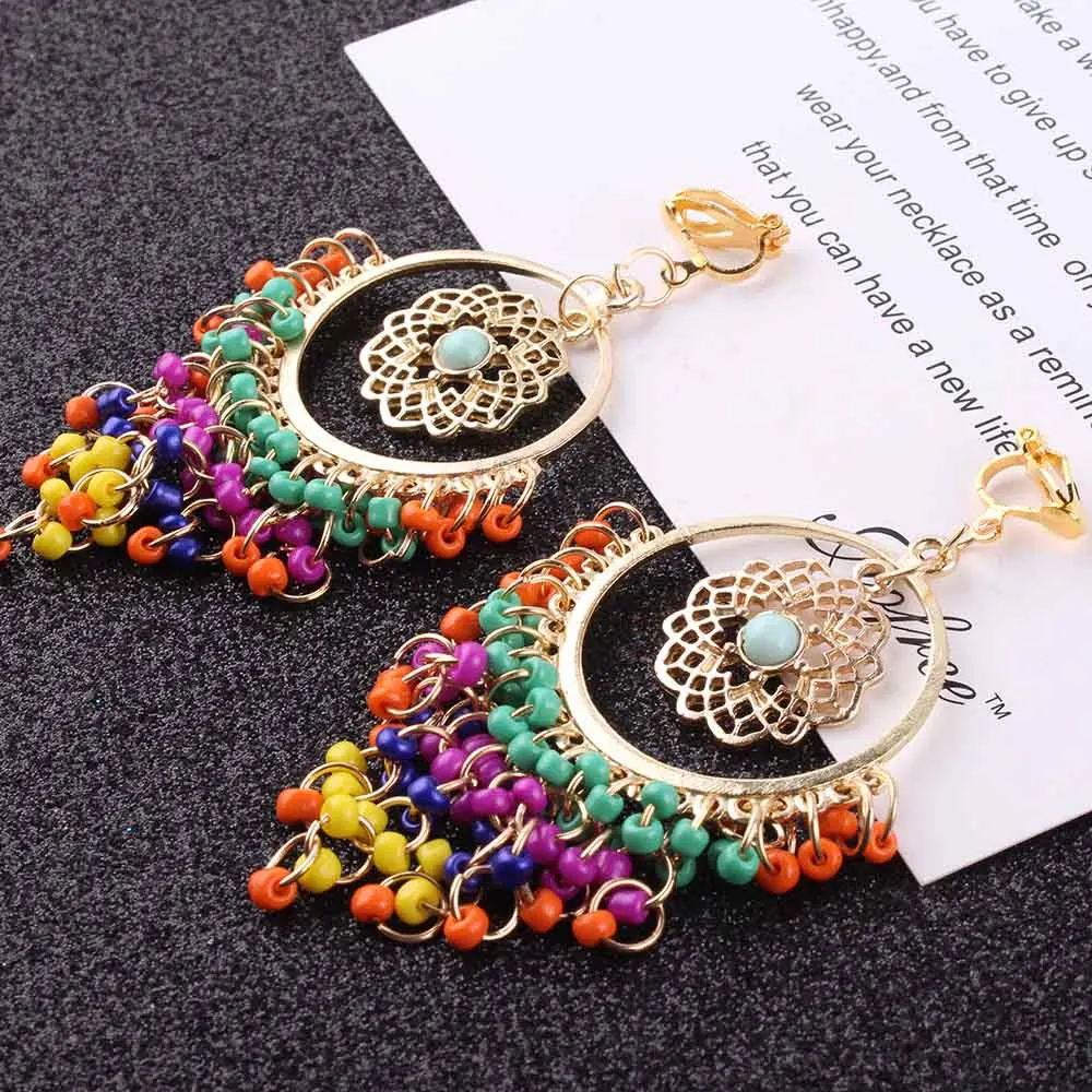 Vintage Multicolor Resin Colorful Beads Tassel Clip on Earrings For Women Boho Fashion Accessories Big No Pierced Earrings