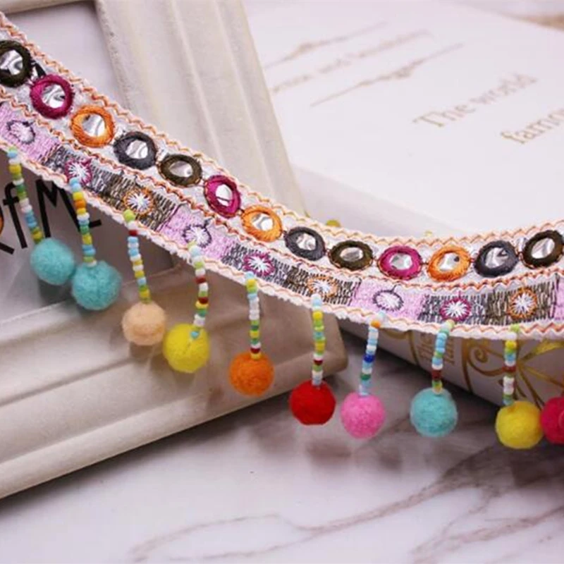 Beads Tassel Lace Trim Bohemian Style Mirror Ribbon Pompom Trim Sewing On Clothes Bag Crafts Accessories Fringe Braid Ribbon