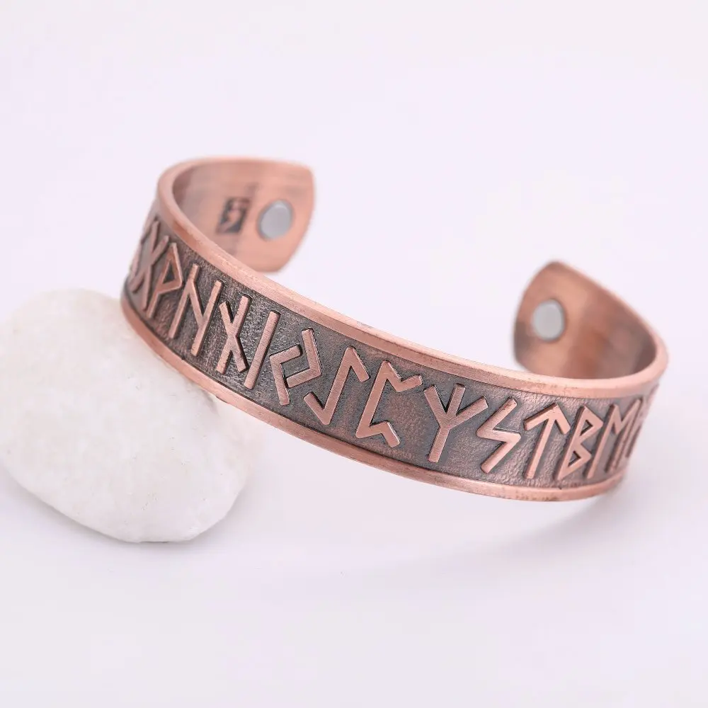 LIKGREAT Vintage Nordic Rune Open Cuff Bracelet Magnetic Therapy Bangle Women Men Antique  Copper Jewely Bijoux