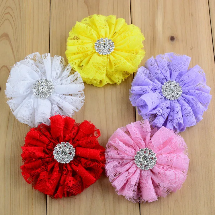 100 pcs/lot , lace fabric flowers, Ballerina ruffled flower , Wholesale Rhinestone Lace flowers