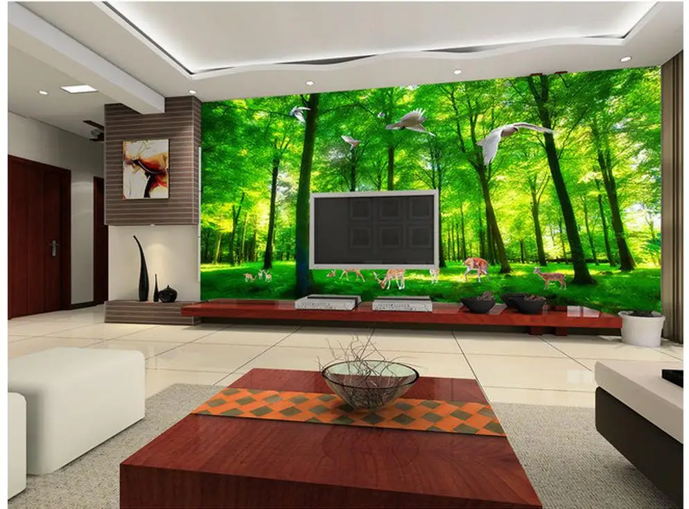 3d customized wallpaper Green tree elk spring landscape 3d background wall murals Home Decoration