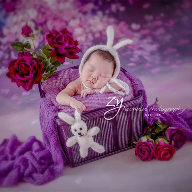 Newborn mohair bonnet Knit baby soft hat and toy set Handmade  crochet rabbit hat toy photography props