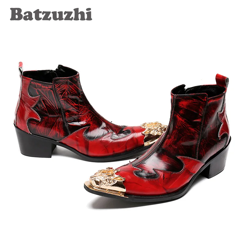 Batzuzhi 6CM Height Italian Style Rock Men Boots Wine Red Golden Pointed Metal Toe Men Short Boots Nightclub Stage Shoes Men