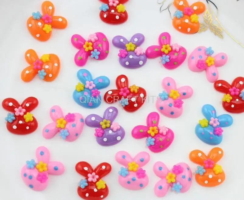 200pcs Resin Rabbit bunny little flower polka dot cabochon for Pendant Charm flatback Scrapbooking,hair clips 20mm-SZ0624 D15