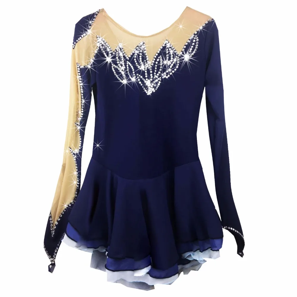 

BHZW figure skating dress women's girl's ice skating dress dark blue spandex