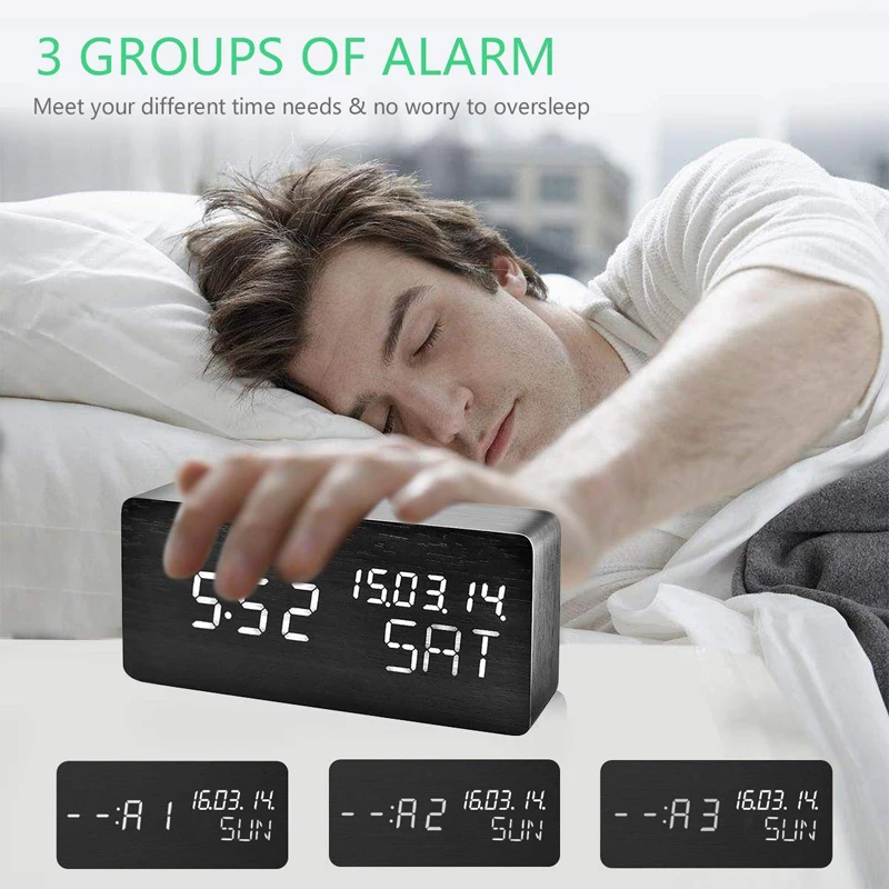 JINSUN Table Clock Sound Control Desktop Luminous Alarm Clock for Children Wooden Calendar Modern Adjustable Brightness