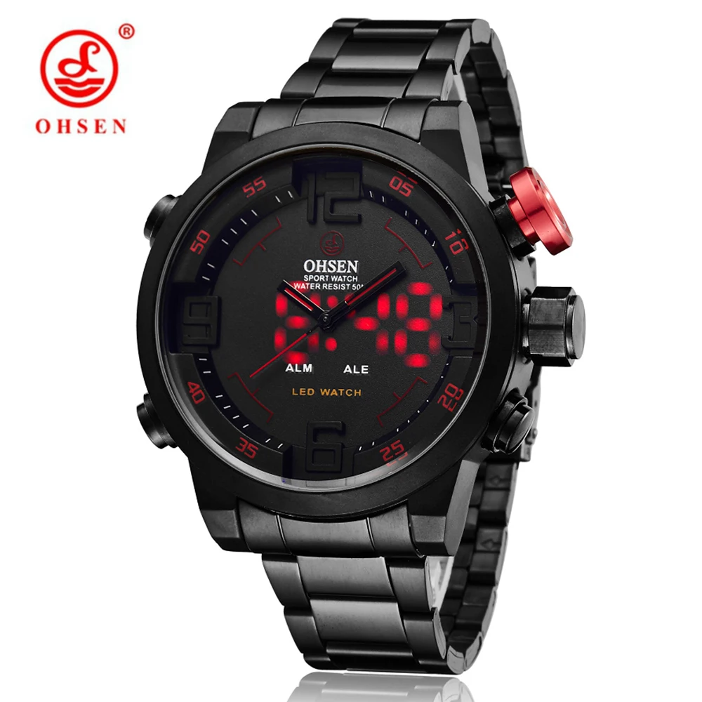 

OHSEN Male Clock Digital LED Sport Watch Men's Top Brand Luxury Steel Band Wrist Watch Dual Dispaly Quartz-Watch Reloj Hombre