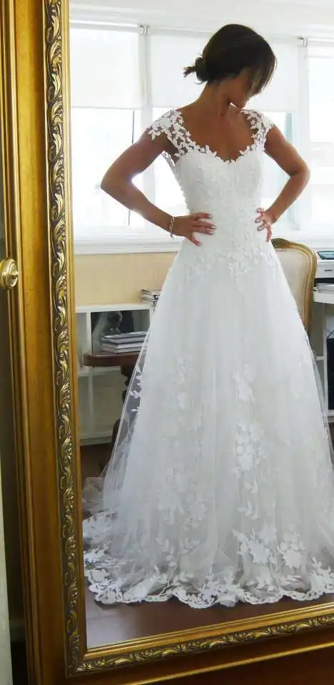 Vestidos De novia blancos de encaje con Espalda descubierta, cuello redondo, manga casquillo, apliques De organza, Vestido de novia