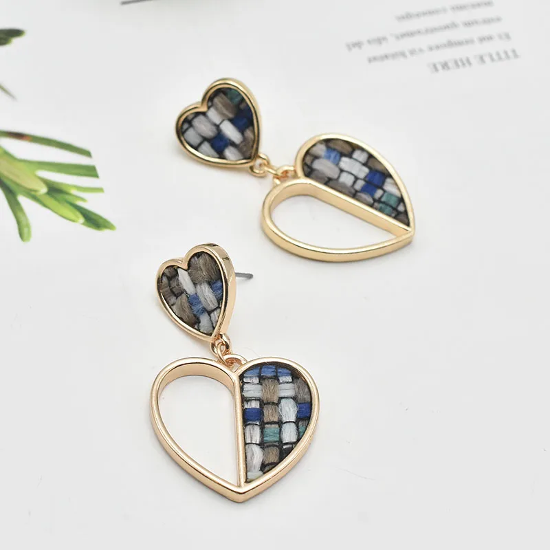 Carvejewl Drop dangle Earrings straw plaited sequins double heart pendant earrings for women girl jewelry unique fashion earring