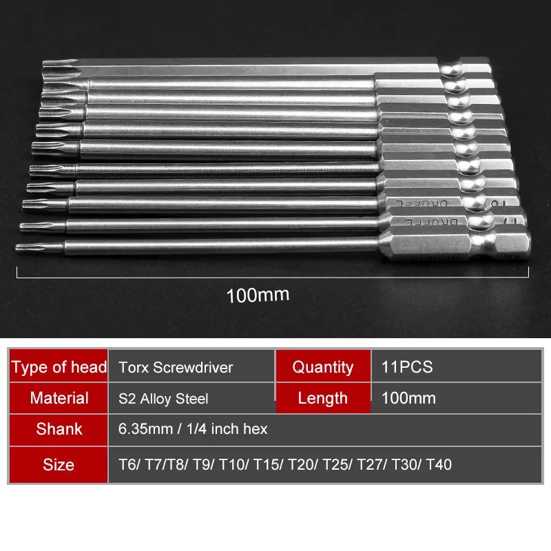 HOEN 11pcs/set Electric Screwdriver Bit Set For Magnetic Screwdriver Bit Tool Set 100mm Long Steel Magnetic Torx Hex Security