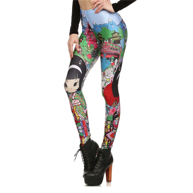 FCCEXIO High Quaily Elasticity Japanese Anime Printed Fashion Slim fit Legging Workout Trousers Casual Pants Leggings for Women