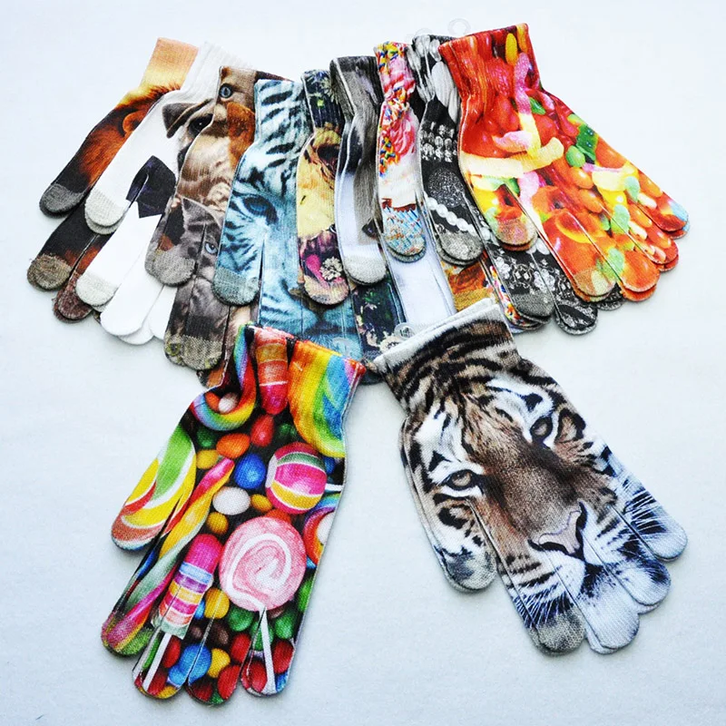 Lovely Unisex Animals Digital Pattern Cat Winter Elastic Knit Touch Screen Gloves Men Women Warm Full Finger Dancing Gloves B48