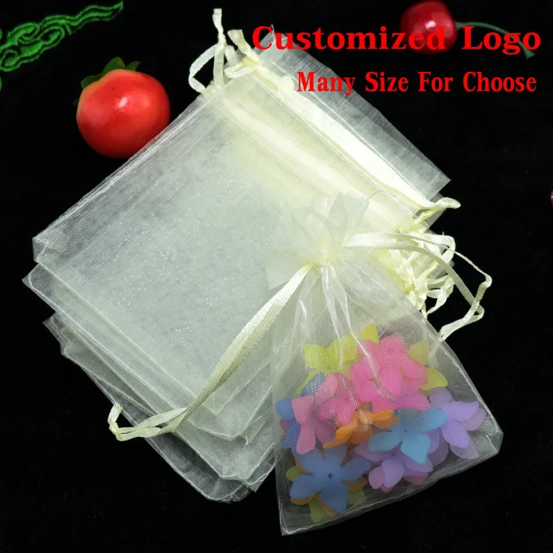 1000pcs Ivory Organza Bag 7x9cm Jewelry Gifts Package Bag Wedding Christmas Candy Packaging Bag Drawstring Gift Bags & Pouch