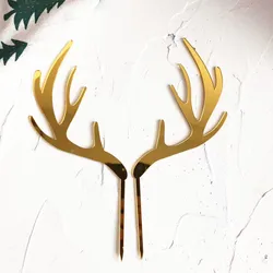 2pcs Merry Christmas Acrylic Cake Topper Gold Deer Elk Antlers Acrylic Cupcake Topper For Party Cake Decorations Xmas 2021