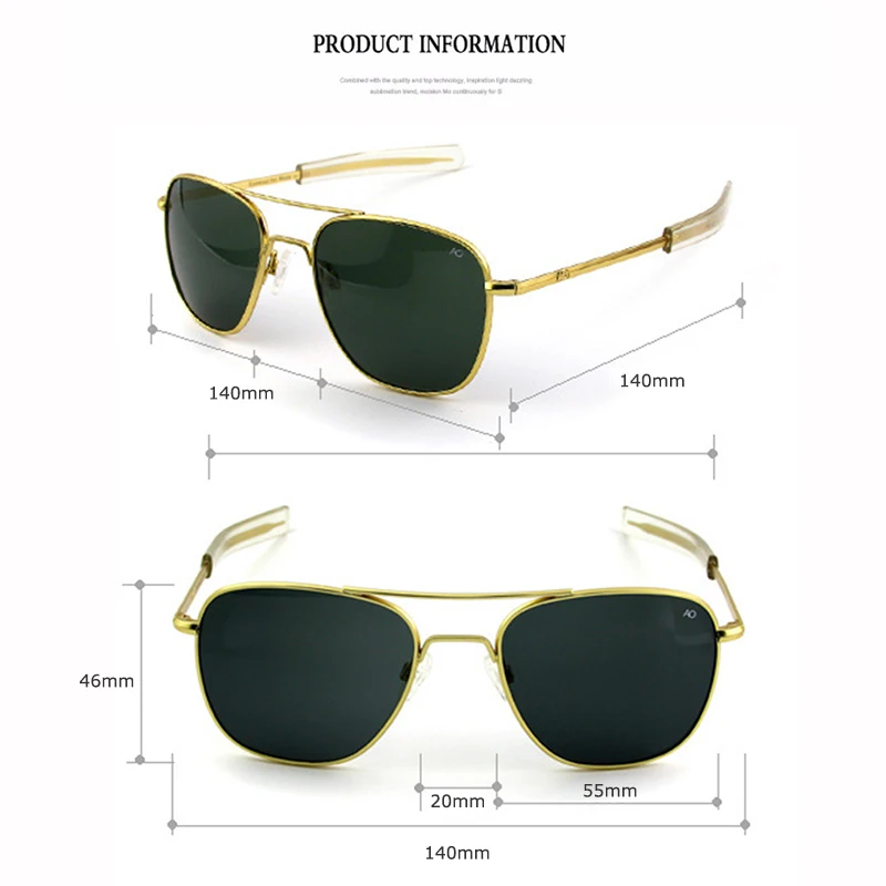 Pilot Sunglasses Men Top Quality Brand Designer AO Sun Glasses 55mm For Male American Army Military Glass Lens ZY071