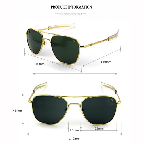 Imagen 2 del producto Gafas de sol de piloto para hombre, lentes de sol de alta calidad, diseñador de marca AO, 55mm, Ejército Americano, militar, ZY071