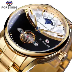 Forsining Men Watch Automatic Golden Sun Moon Phase Steel Band Tourbillon Black White Face Business Mechanical Reloj Hombre 2019