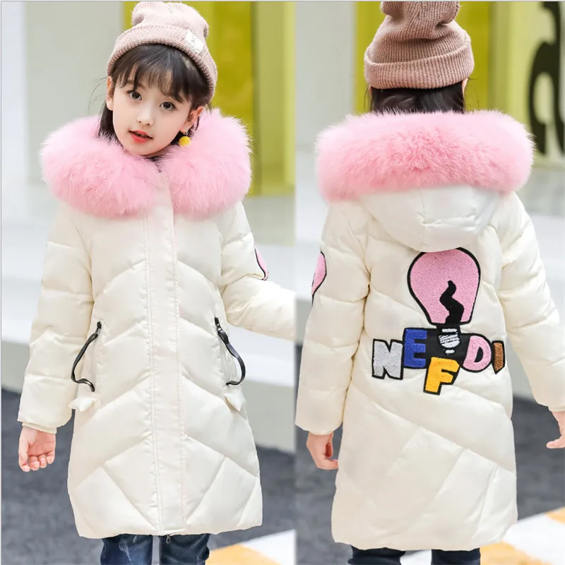 

3-14 Years Girl Long Down Coat Jacket Winter Outerwear 2024 New Fashion Big Fur Collar Warm Letters Embroidery Children Jacket