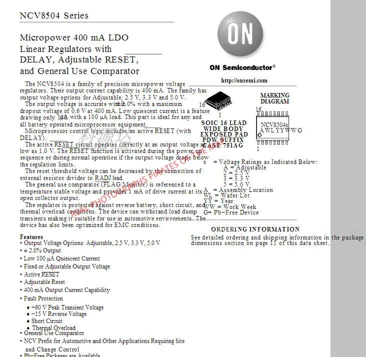 5 قطعة/الوحدة NCV8504PW50R2G SOIC16 NCV8504 في الأسهم