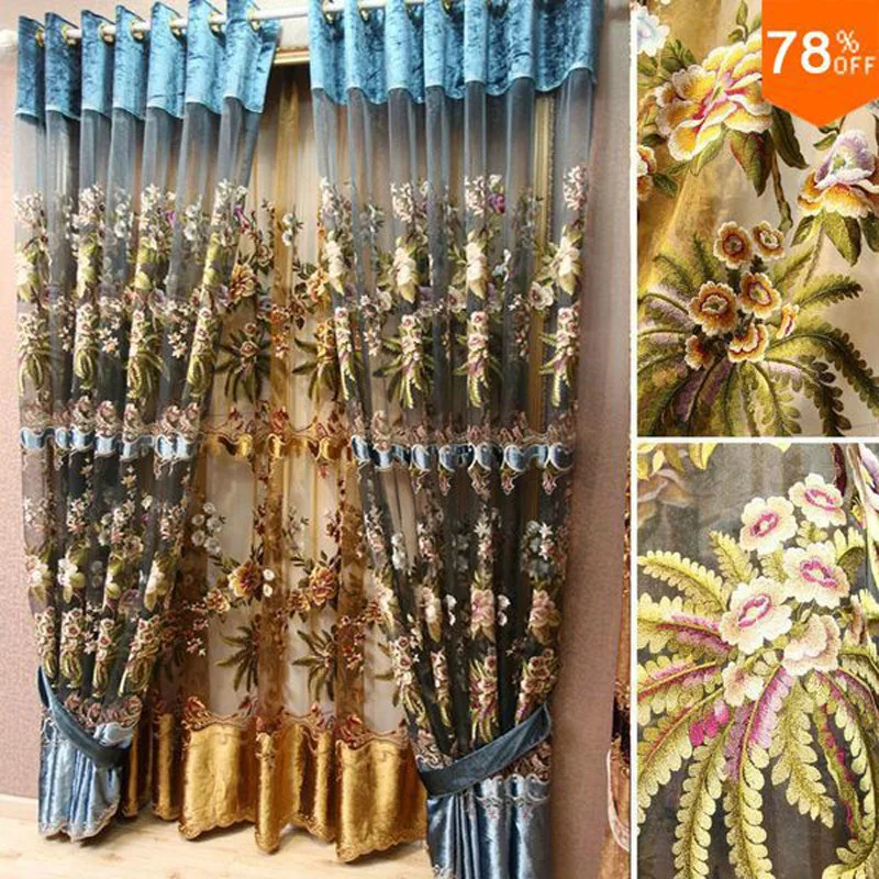 Romantic Tulle Flowers Embroidery Living Room Blue String Curtain Sheet Gold 3D Curtains Voile Velvet Eyelet Grommet Top Curtain