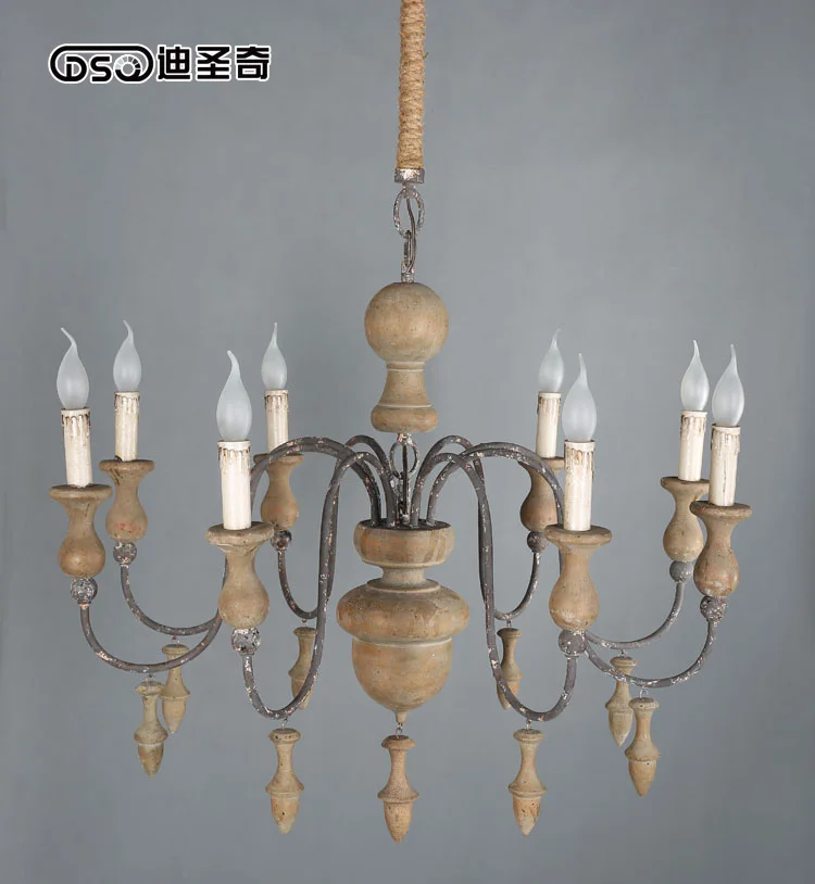 8 Lights Vintage Amercian Rustic Wooden & Iron Chandelier, Living Room Hotel and Bedroom Lighting