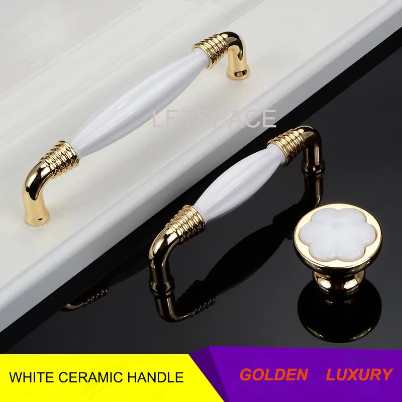 Free shipping Modern simple wardrobe door handles High-grade ceramic funiture pulls Drawer handle K golden cabinet kitchen knobs