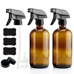 500ml Empty Spray Bottle, Amber Glass Container with Black Trigger Sprayer Labels for Hair Essential Oils Cleaning, 16 Oz 2 Pack