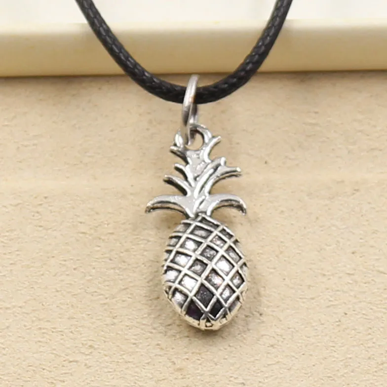 New Fashion Tibetan Silver Color Pendant Pineapple Necklace Choker Charm Black Leather Cord Factory Price Handmade Jewelry