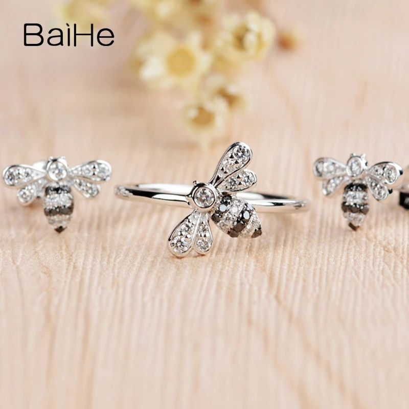 BAIHE Solid 14K White Gold H/SI Natural White+Black Diamond Bee Ring Women Trendy Fine Jewelry Пчелиное кольцо Anel abelha