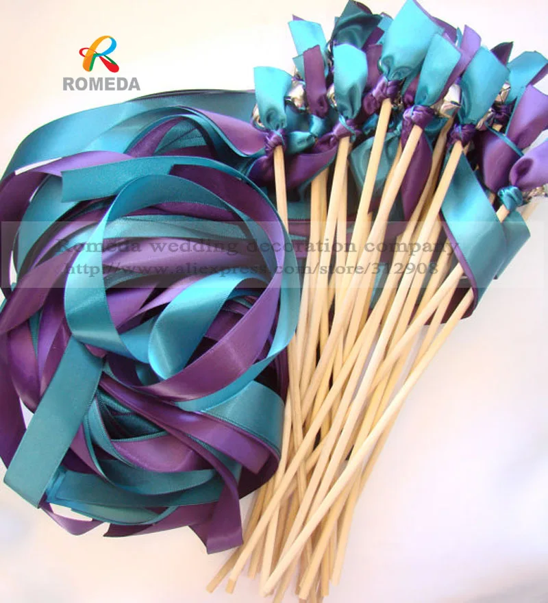 

50PCS /LOT Wedding ribbon stick wands , purple with blue Two Satin Ribbon Streamers With Bells