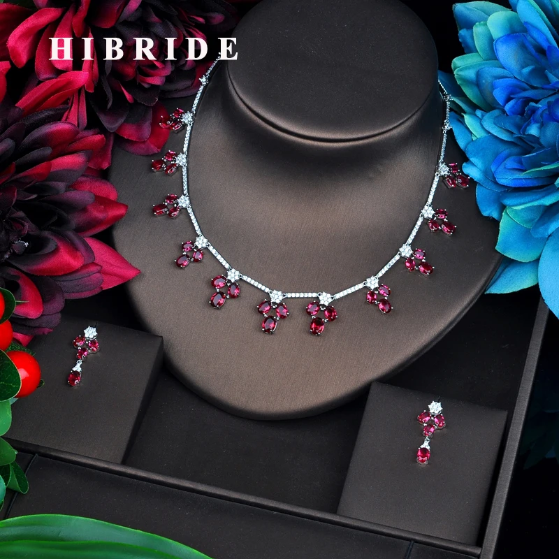 

HIBRIDE Red Wedding Jewelry sets For Women Party Dresses Accessories Necklace Sets Earings Set Cubic Zirconia Jewelry N-554