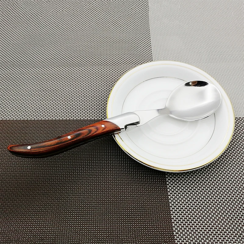 Cena de cuchara de madera Laguiole de 8,7 pulgadas y 22cm, acero inoxidable, grande, para sopa, arroz, madera, tenedor, cuchillos, cubiertos de 1/4/6 piezas