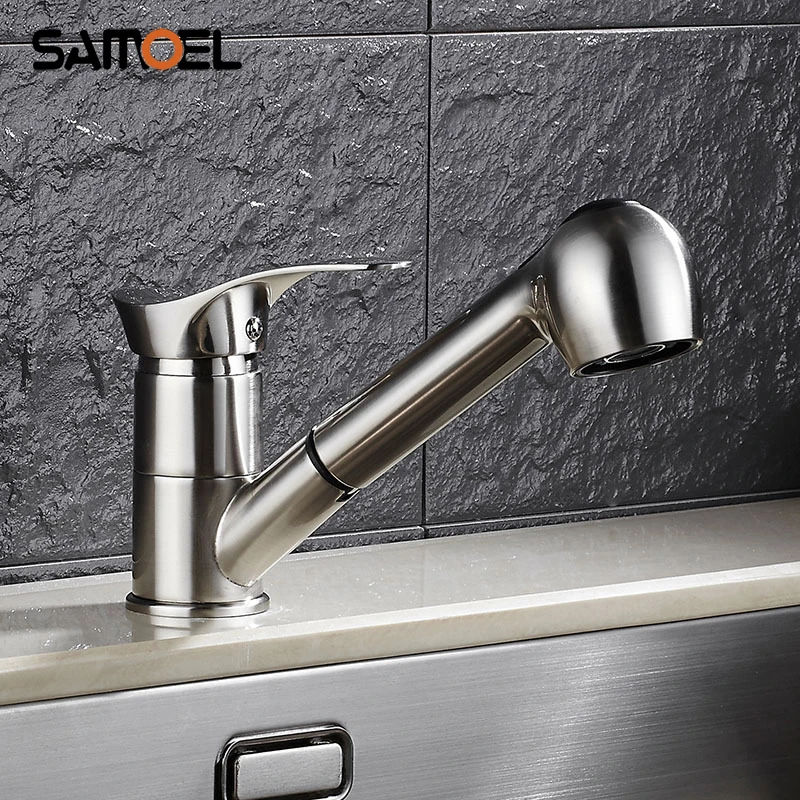 

Economic Brass Kitchen Sink Mixer Taps Deck Mounted Single Hole Brushed Nickel Pull Out Kitchen Faucets NL711