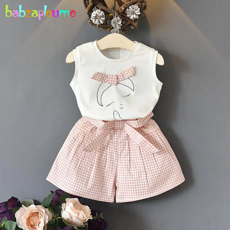 2Piece Sets Summer Girls Boutique Outfits Fashion Print Sleeveless Cotton Baby Tops+Plaid Shorts Korean Kids Clothes BC1835-1