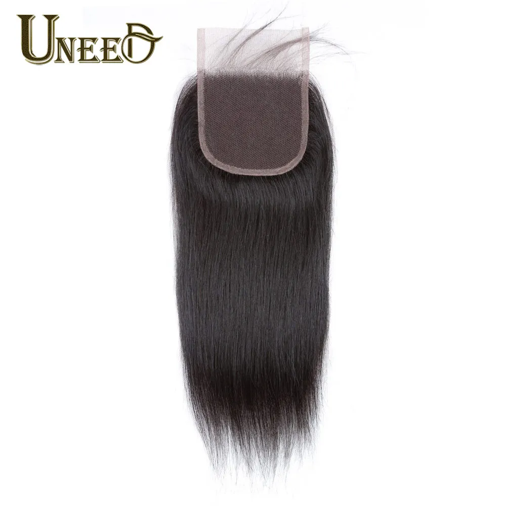 Uneed Hair Straight Hair 4*4 สวิสลูกไม้ปิดRemyมนุษย์ผมลูกไม้ปิดNautralสีตรงกับชุดWell