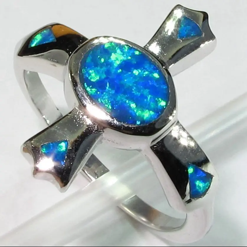 Fleure Esme Fashion vintage Engagement Wedding rings Jewelry for Noble Generous women Blue opal Rhodium Plated R207 Size 6 7 8 9