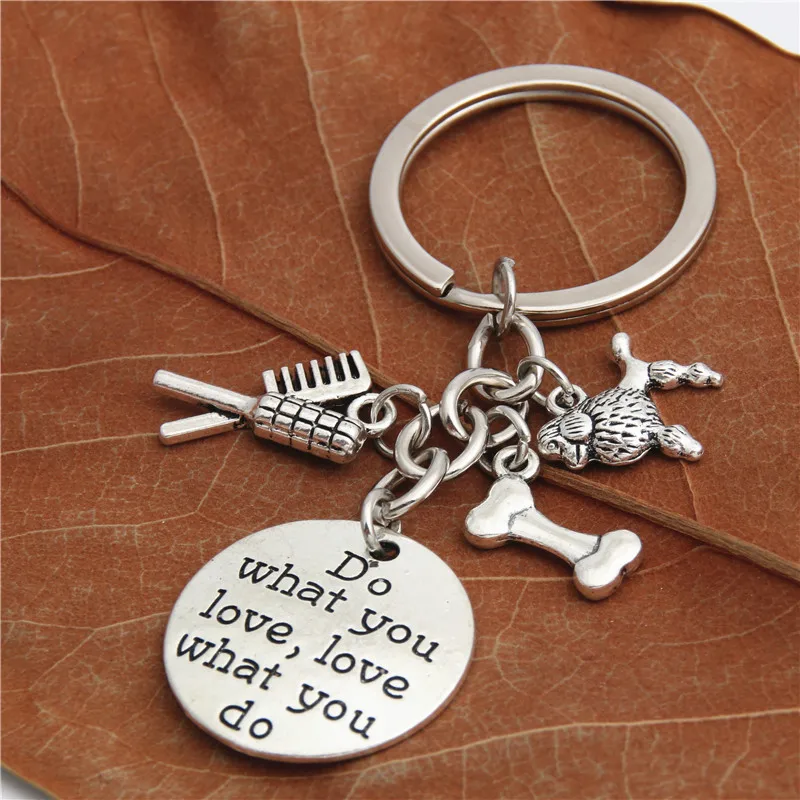 1pc Silver Color Poodle Charms Key Chains For Dog Lover Paw Print Pet Groomer Keyring Do What You Love Jewelry E2041