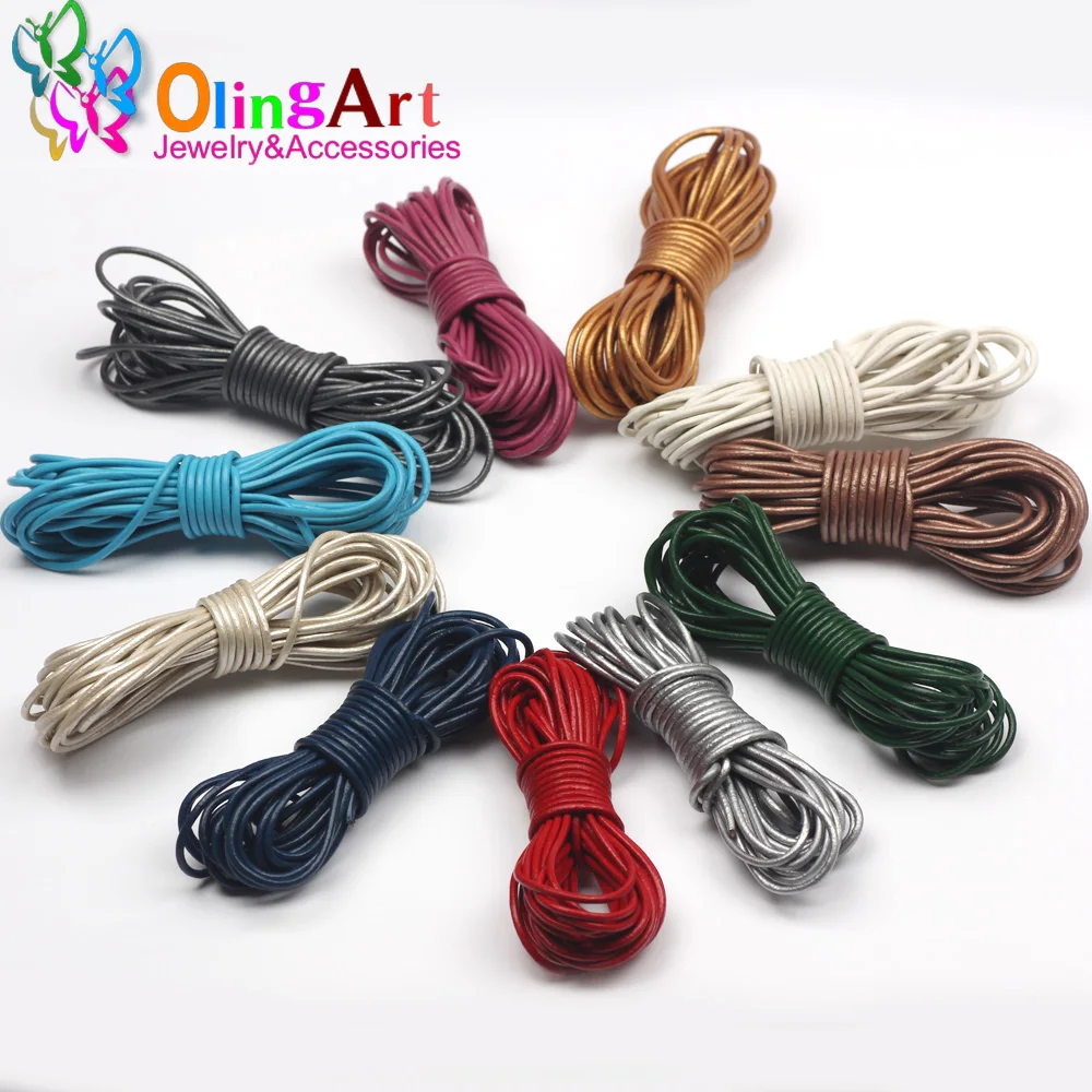 OlingArt 2mm 5M/Lot Craft Color Round Genuine Leather Cord Golden Silver DIY Necklace Bracelet Earrings Choker Jewelry Making