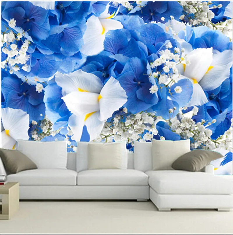 

The custom 3D murals,fresh and beautiful blue and white flowers ,living room sofa TV wall bedroom background wall paper