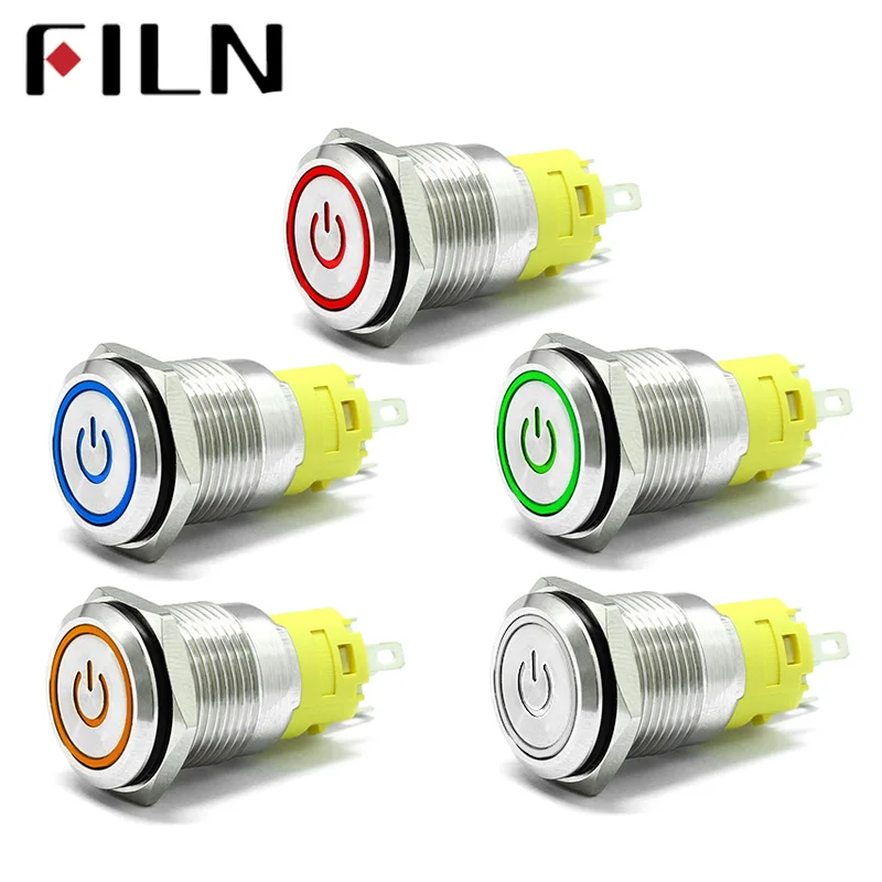 16mm 6V 12V 110V 220V LED Momentary Latching Stainless Steel anti vandal waterproof metal Push Button Switch with Power symbol