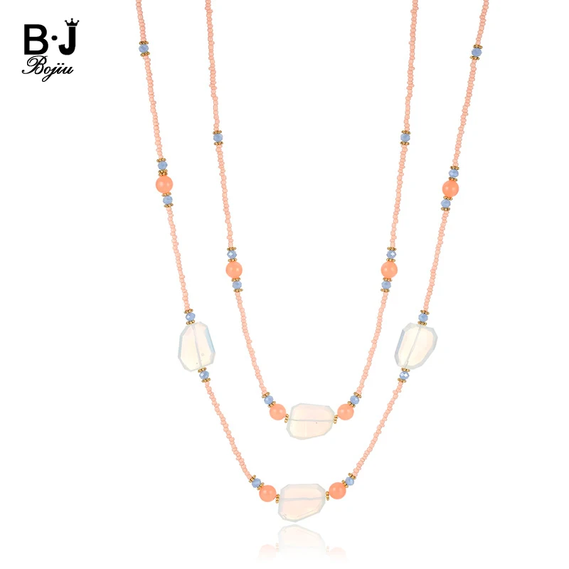 BOJIU Fashion Opal Pendant Long Necklace Pink Bead Natural stone Bead Necklace Women Accessories Set For Festive Gift Hot NKS179