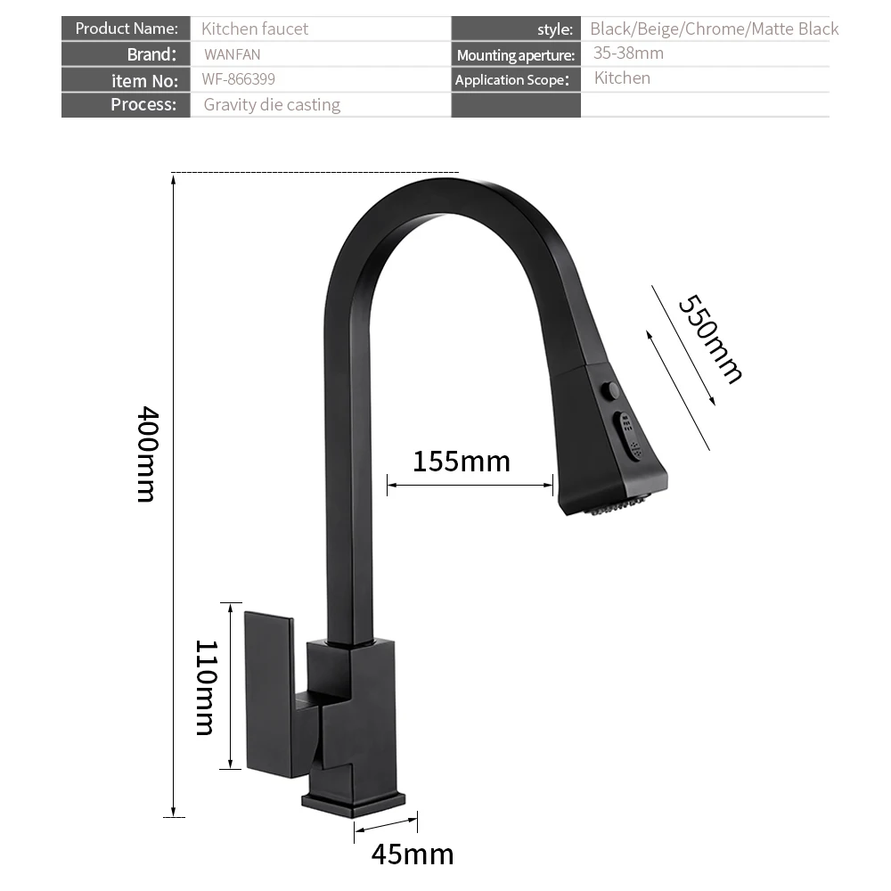 Grifos de cocina extraíbles de plata, mezclador de agua de 360 grados con mango de un solo orificio, latón macizo, negro, 866399R