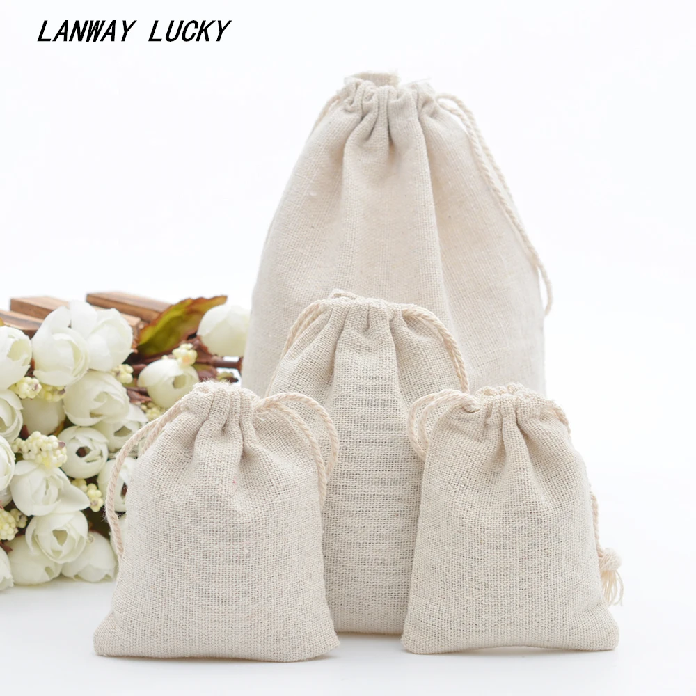 

Handmade Small Muslin Cotton Drawstring Packaging Gift Bags For Coffee Bean Jewelry Storage Wedding Favors Rustic Folk Christmas