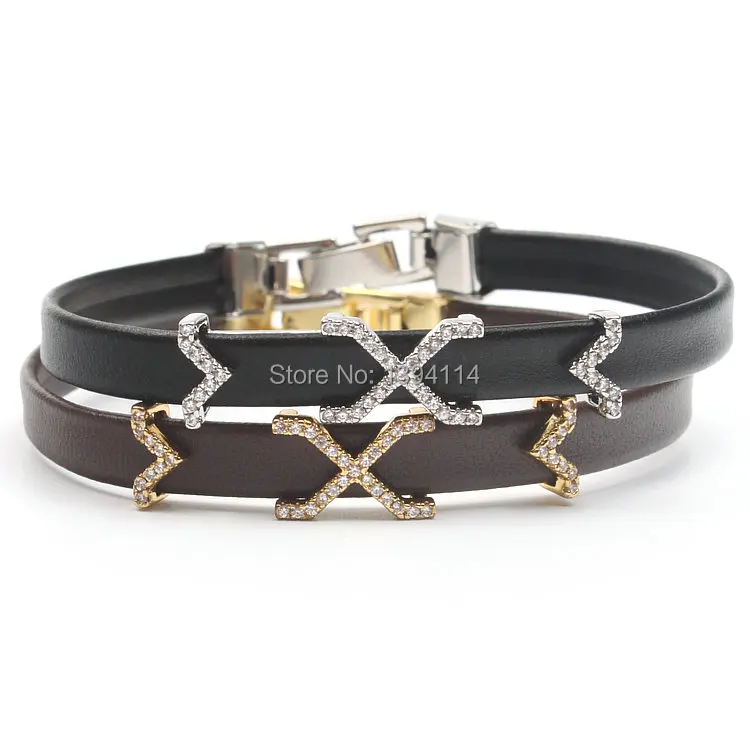 

Micro Pave Clear CZ X Arc Tube Strand Bracelet Stringed Leather Cord Fold Over Clasp Approx 6-8 Inches